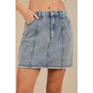 VERY J Bow Printed Casual Denim Mini Skirt